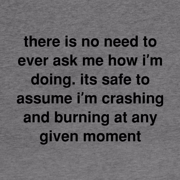 There is no need to ever ask me how I’m doing. its safe to assume I’m crashing and burning at any given moment by Ramy Art